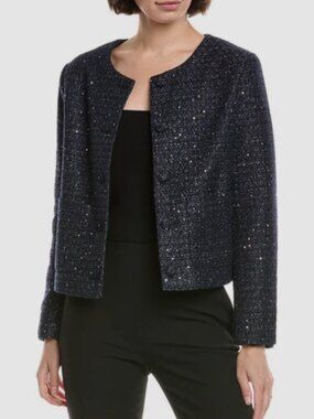NWT Nanette Lepore Navy & Silver Shimmer Sequins Tweed Jacket Size L - MSRP $148